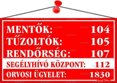 Információs tábla, 22,5x12,5 cm, "Mentők tűzoltók, rendőrség telefonszámok", piros