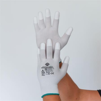 Védőkesztyű, karbonszálas, PU ujjbegy mártott, XS méret, fehér-szürke